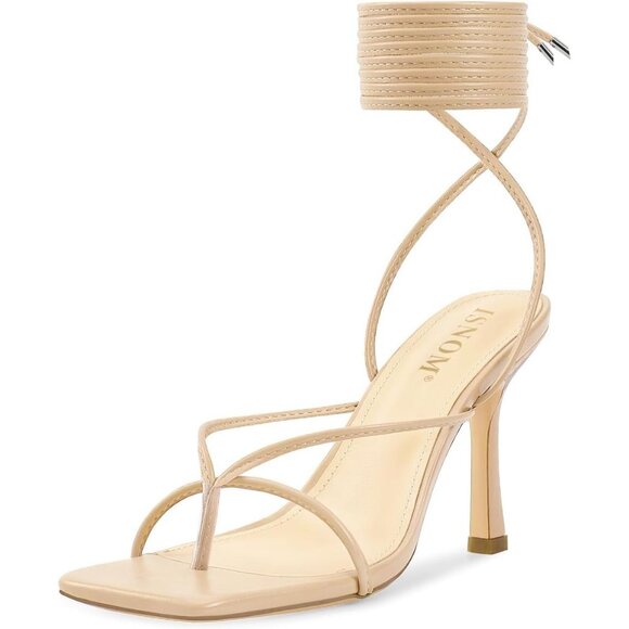 Shoes - Women's Matte-Apricot Lace Up Square Toe Open Thong Stylish Stiletto Heel Shoe